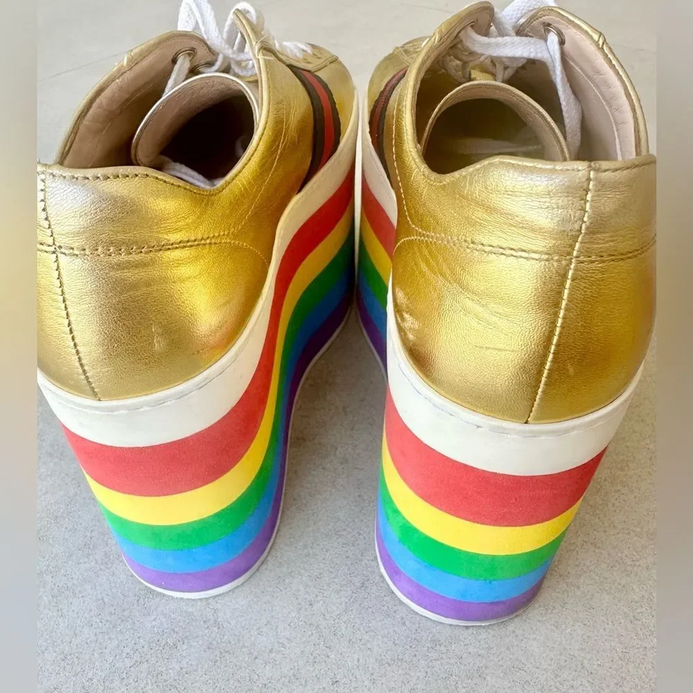 Gucci Peggy Rainbow Platform Sneakers EU 38 US 8 Gold Lace Up Slatform Shoes